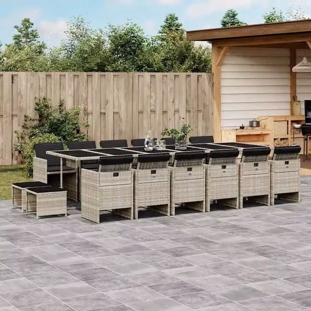 Set da Pranzo da Giardino 17 Pezzi vidaXL in Polyrattan con Cuscini Grigio e Piano in Vetro – 1