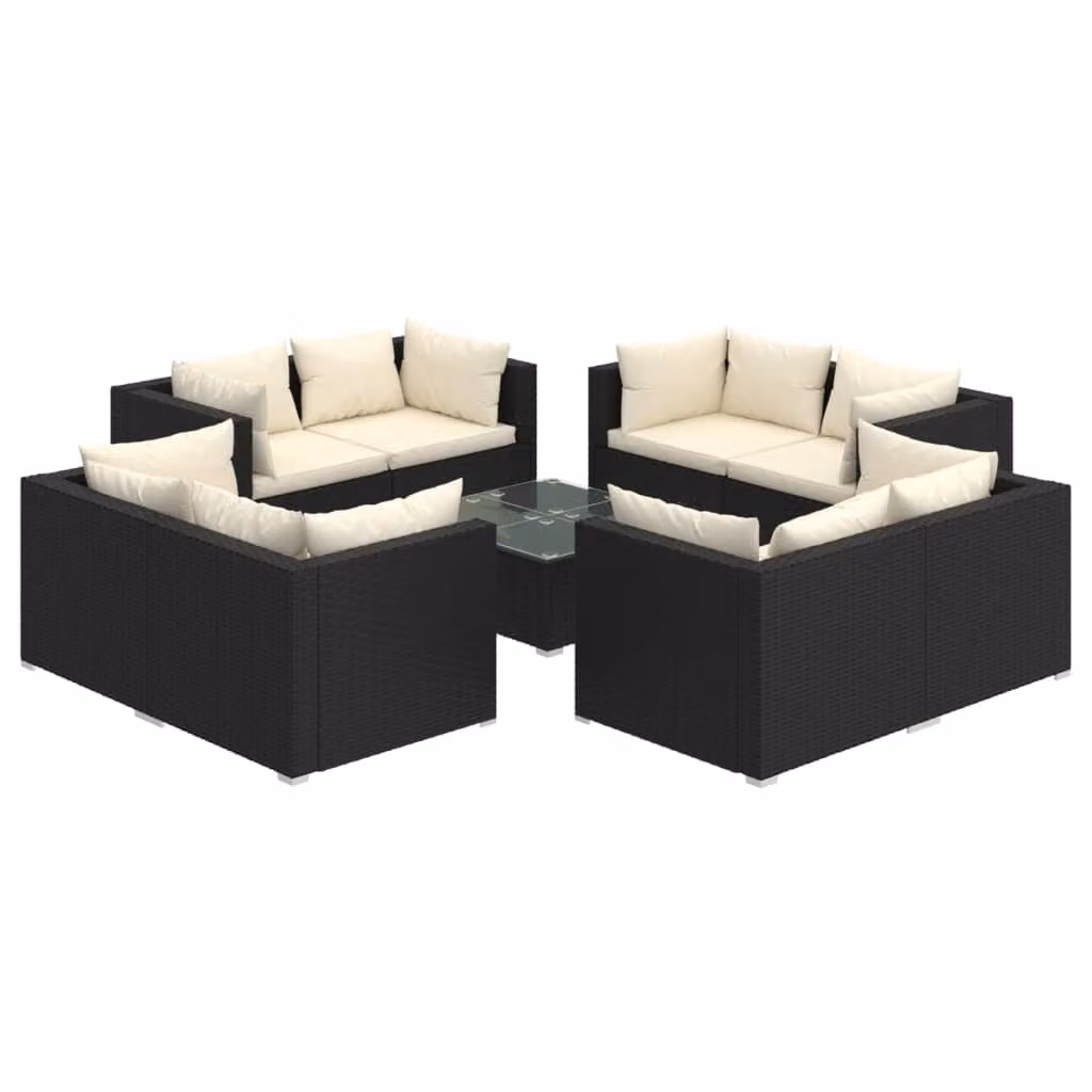 Set Divani da Giardino 9 pz con Cuscini in Polyrattan Nero