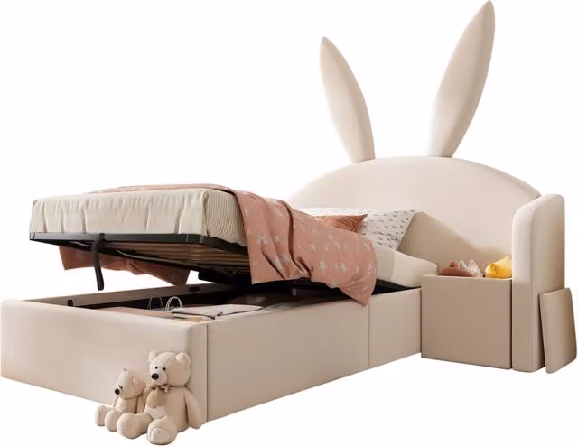 Letto per ragazzi 90x200 imbottito in velluto beige con contenitore idraulico e design con orecchie da coniglio