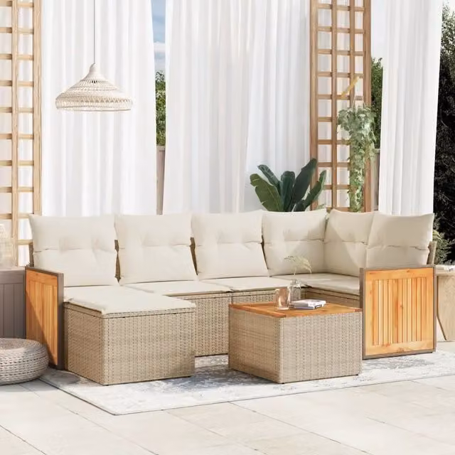 Set da giardino moderno vidaXL in polyrattan composto da 7 pezzi con cuscini beige e tavolino, design a L con struttura in metallo e sedute imbottite resistenti ai raggi UV