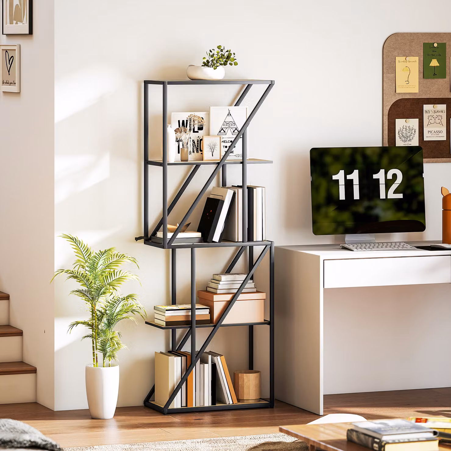 Libreria HOMCOM a 5 Livelli in Stile Industriale con Ripiani Aperti in Legno e Telaio in Acciaio, Rovere e Nero, L: 60 cm, P: 30 cm, H: 165 cm – 2