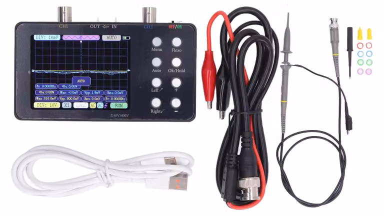 Oscilloscopio digitale, 2 canali, display LCD da 3,2 pollici, 50 M per canale, frequenza di campionamento 10 MSa/s, larghezza di banda analogica, 20 KB, kit di memoria da 5 V