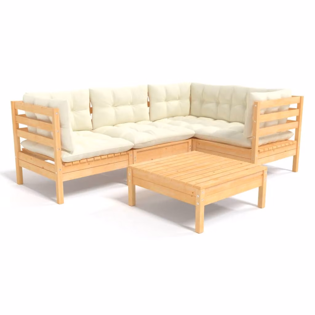 Set Salotto da Giardino 5pz con Cuscini Crema in Legno di Pino