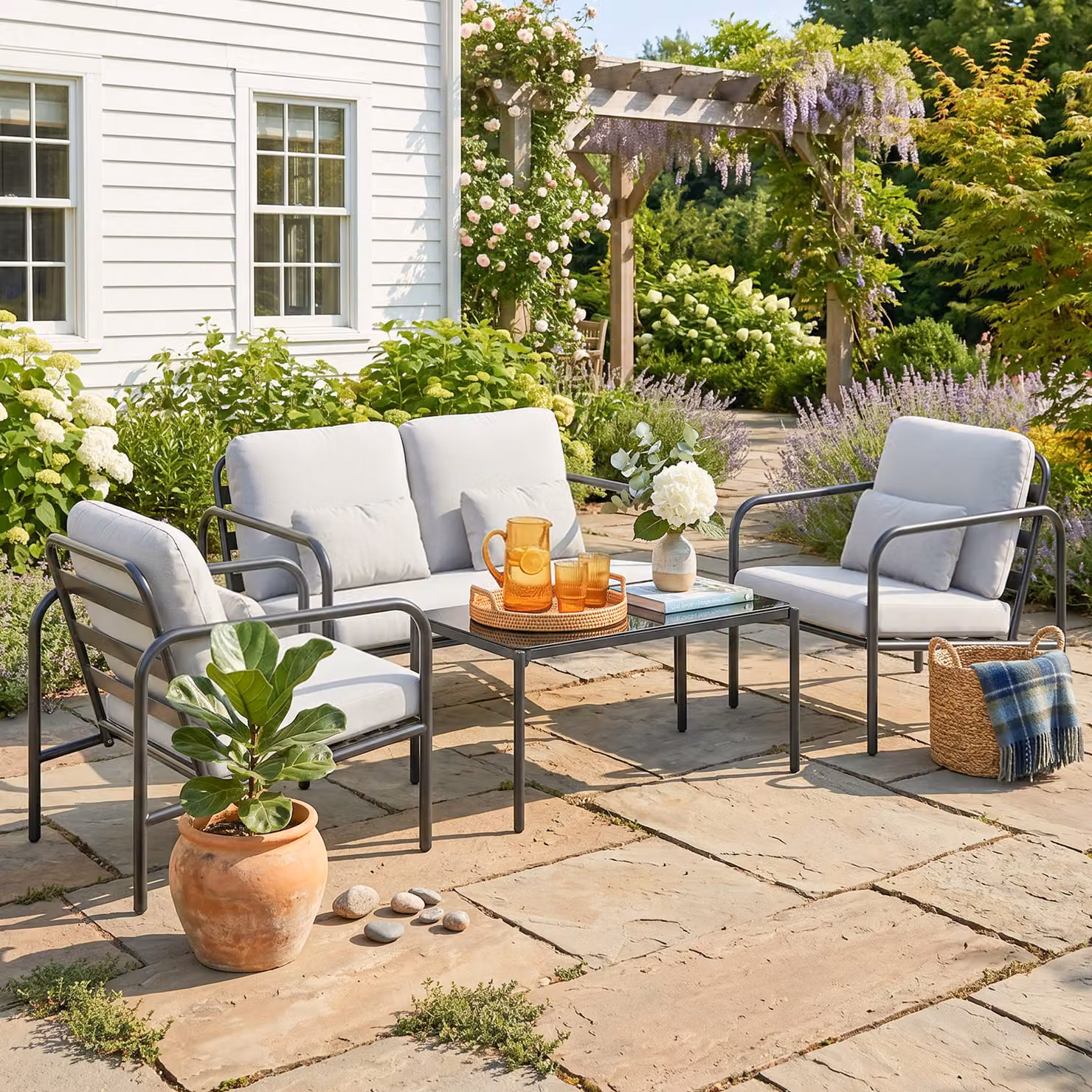 Set Salotto da Giardino Outsunny 4 Pezzi in Acciaio con Divano 2 Posti, 2 Poltrone, Tavolino e Cuscini, Grigio Chiaro – 2