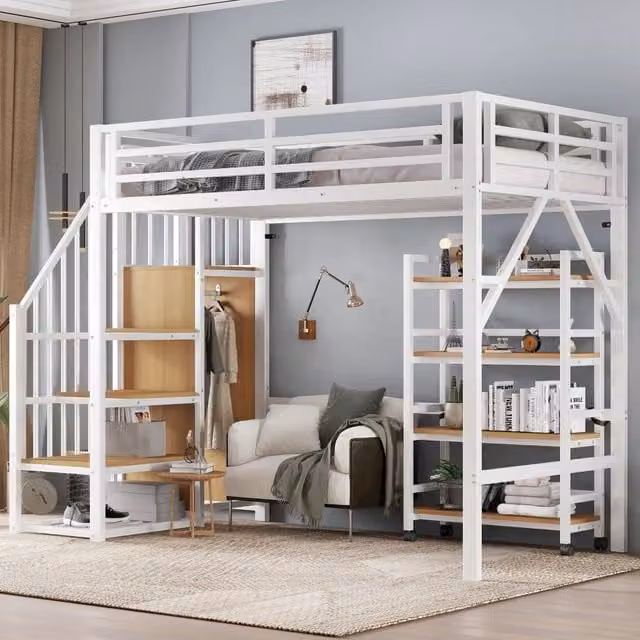 Letto a soppalco singolo 90×200 cm con scala, armadio, ripiano con ruote e barriera di sicurezza, senza materasso, ferro e MDF