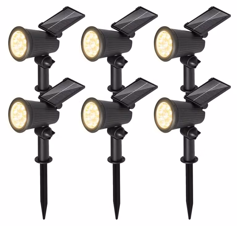 Ikodm, faretto solare LED da giardino, 6 pezzi, con picchetto da terra, luce da giardino, lampada solare, faretto solare, per uso esterno, impermeabile, grado di protezione IP65, 3W, luce bianco caldo