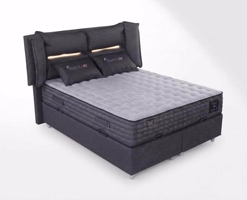 Letto contenitore grigio 180x200, imbottito, tessuto, legno, con cassetti, design moderno