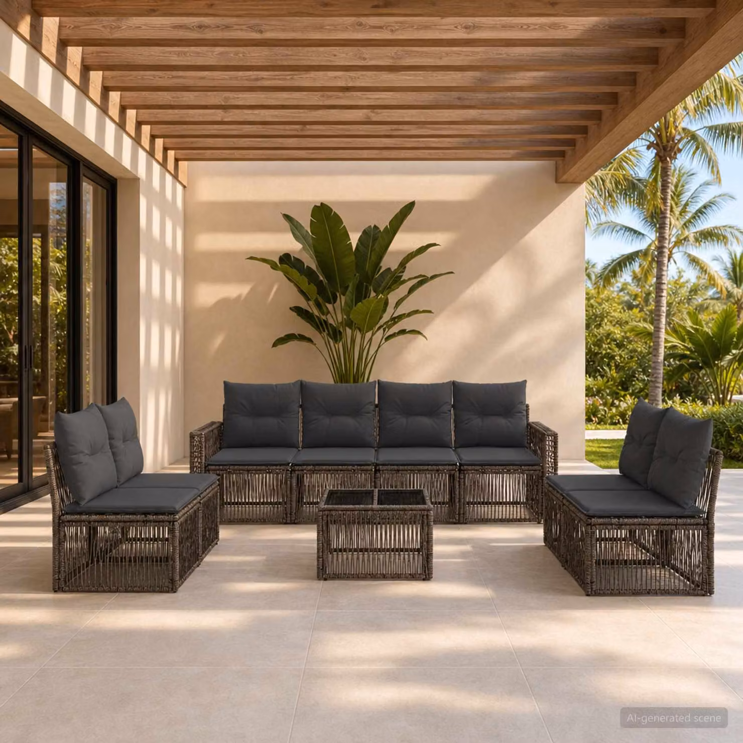 Set Divano da Giardino vidaXL 9 pz in Polyrattan Grigio e Antracite con Tavolino e Cuscini Imbottiti