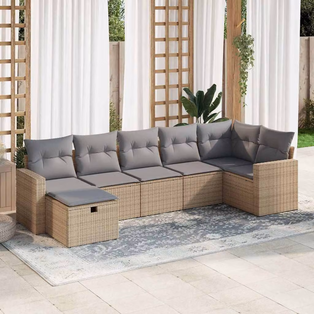 Set di divani da giardino vidaXL in polyrattan 7 pezzi con cuscini beige e struttura in acciaio, design moderno a forma di L per esterno
