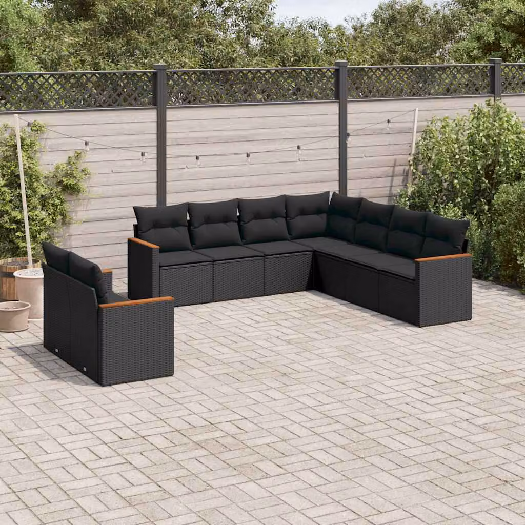 Set di divani da giardino vidaXL a forma di L composto da 9 pezzi con cuscini neri in polyrattan e telaio in legno di acacia – 1