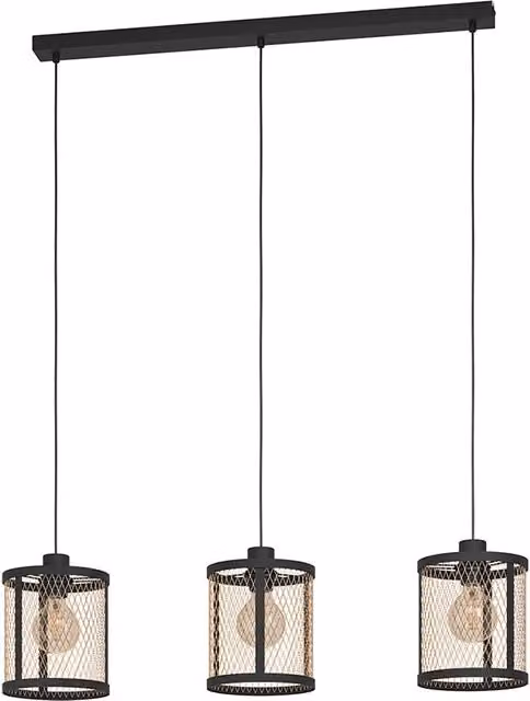 Lampadario a sospensione industriale Eglo Dellow con 3 luci in metallo nero e oro/ottone
