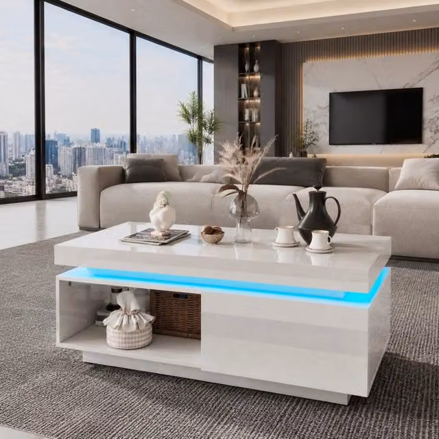 Set mobile TV e tavolino in truciolare bianco; LED controllabili via Bluetooth; finitura lucida