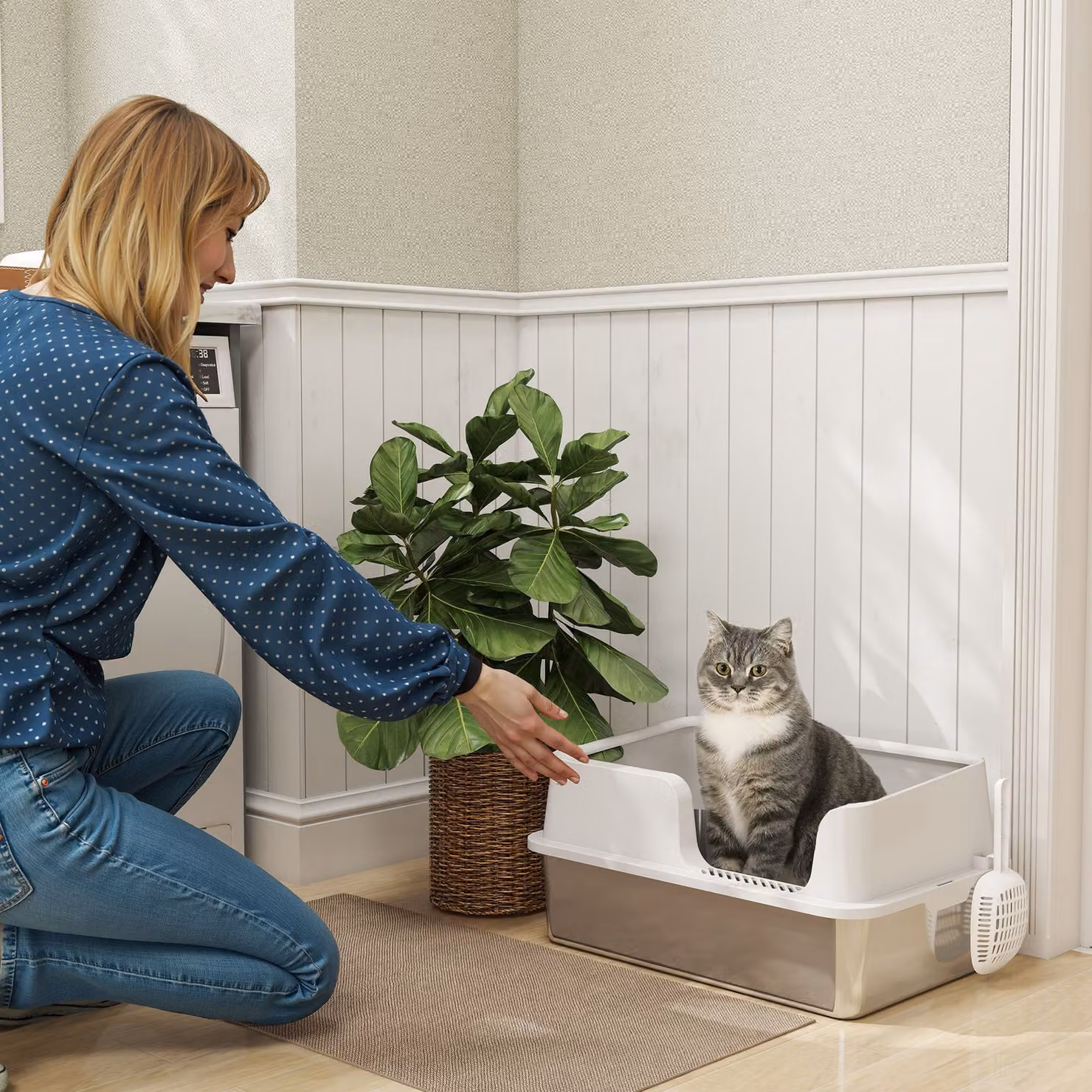 Lettiera per gatti PawHut con bordi rialzati, vassoio e paletta in acciaio inox e PP, Grigio Chiaro, L 60 cm x P 40 cm x H 28 cm – 2