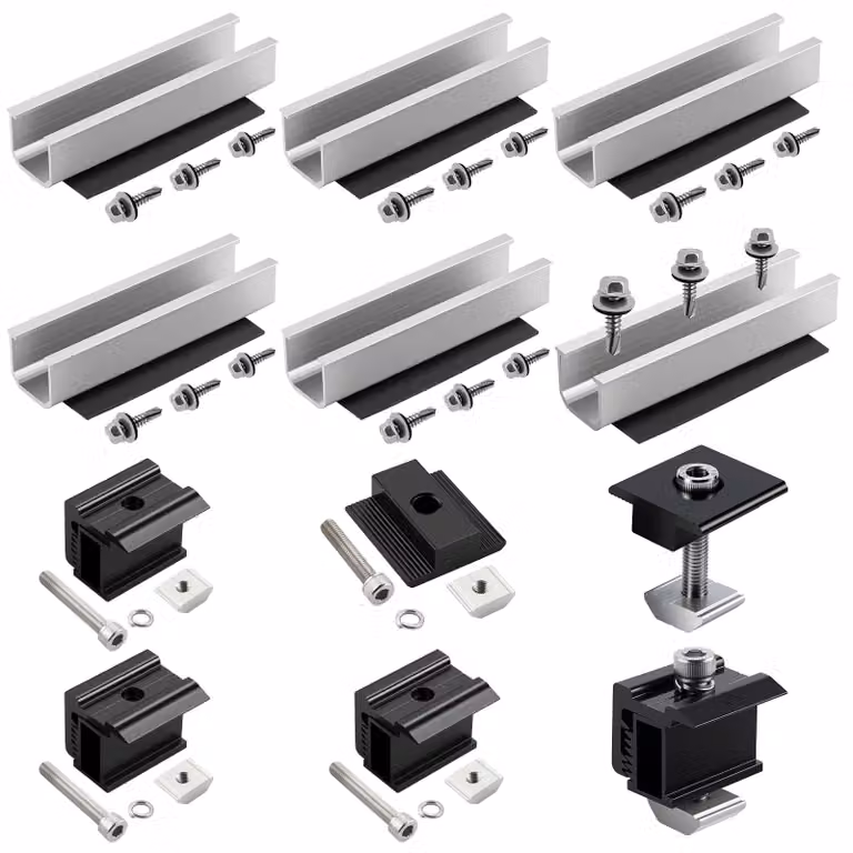 Kit di supporti solari: 6 profilati da 12 cm + morsetti per telai da 30–35 mm