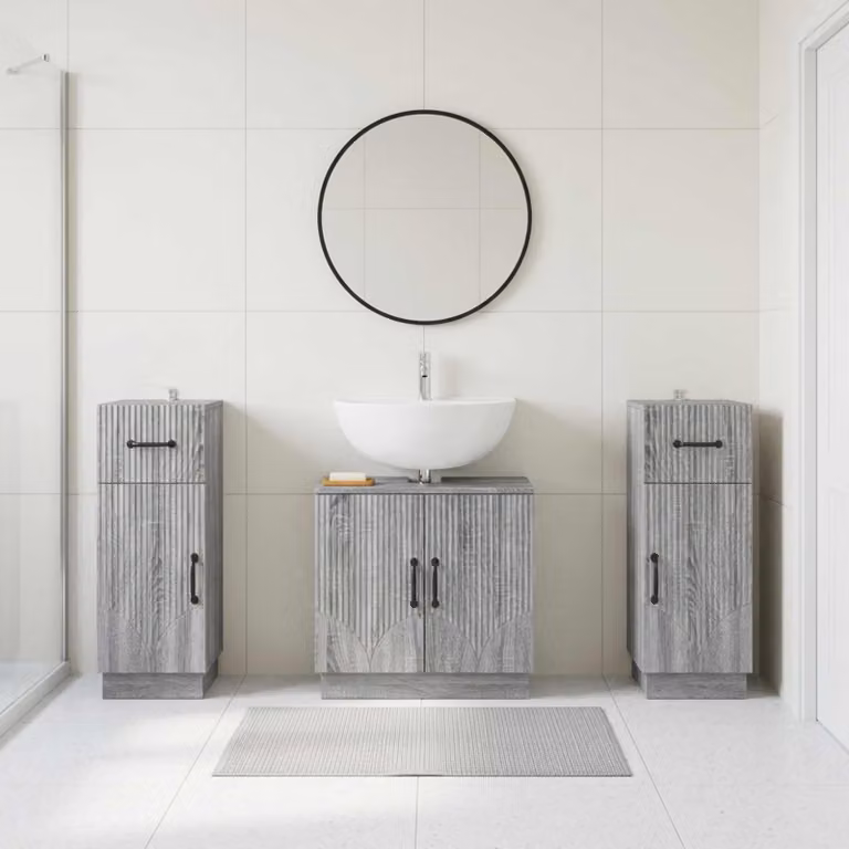 Set di mobili da bagno vidaXL HOORN in 3 pezzi, colore grigio, design minimalista con ante a cerniera