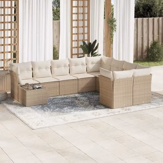 Set Divano da Giardino Moderno VIDAXL in Polyrattan Beige con 10 Pezzi e Cuscini