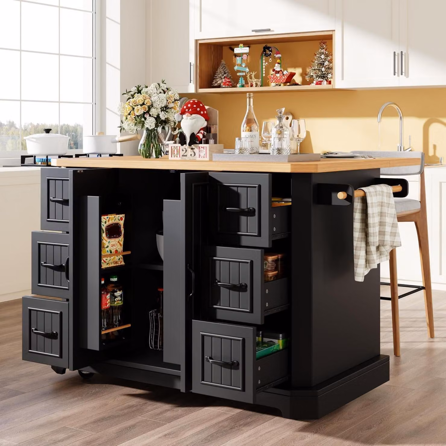 Isola da cucina mobile con 2 ante e 6 cassetti, colore nero, dimensioni 142x75,5x91 cm