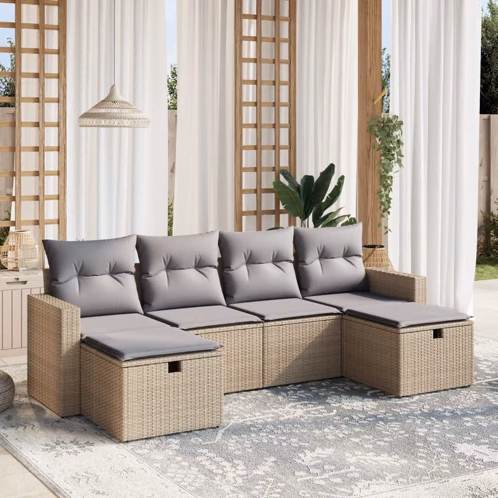 vidaXL Set Divano da Giardino a L 6 pz con Cuscini Beige e Grigio in Polyrattan e Metallo – 1