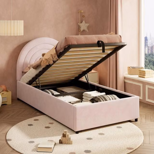 Letto Singolo Imbottito con Testiera e Rete a Doghe ¨C MINIMAL ¨C Velluto Rosa 90x200