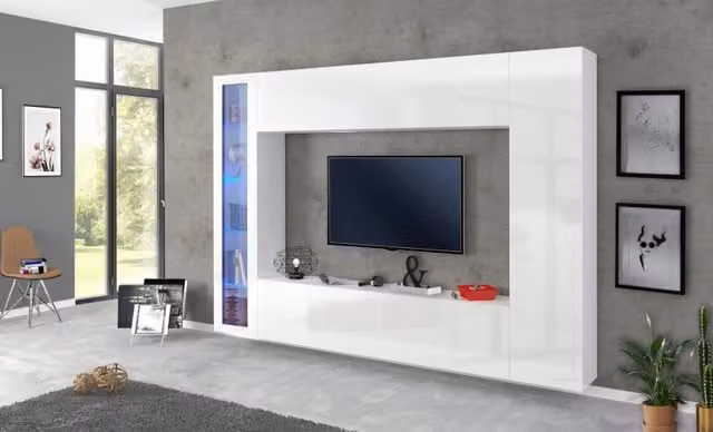Parete soggiorno Maruska 1 con vetrina TECNOS - WEB FURNITURE - Bianco Lucido - L: 260 cm, H: 180 cm, P: 30 cm