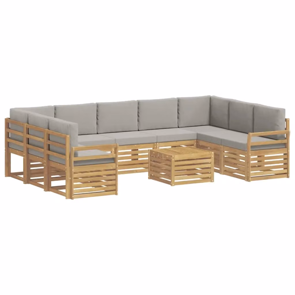 Set di divani da esterno vidaXL a forma di L con tavolino da caffè, struttura in legno di acacia e cuscini inclusi, Bianco e Grigio – 2