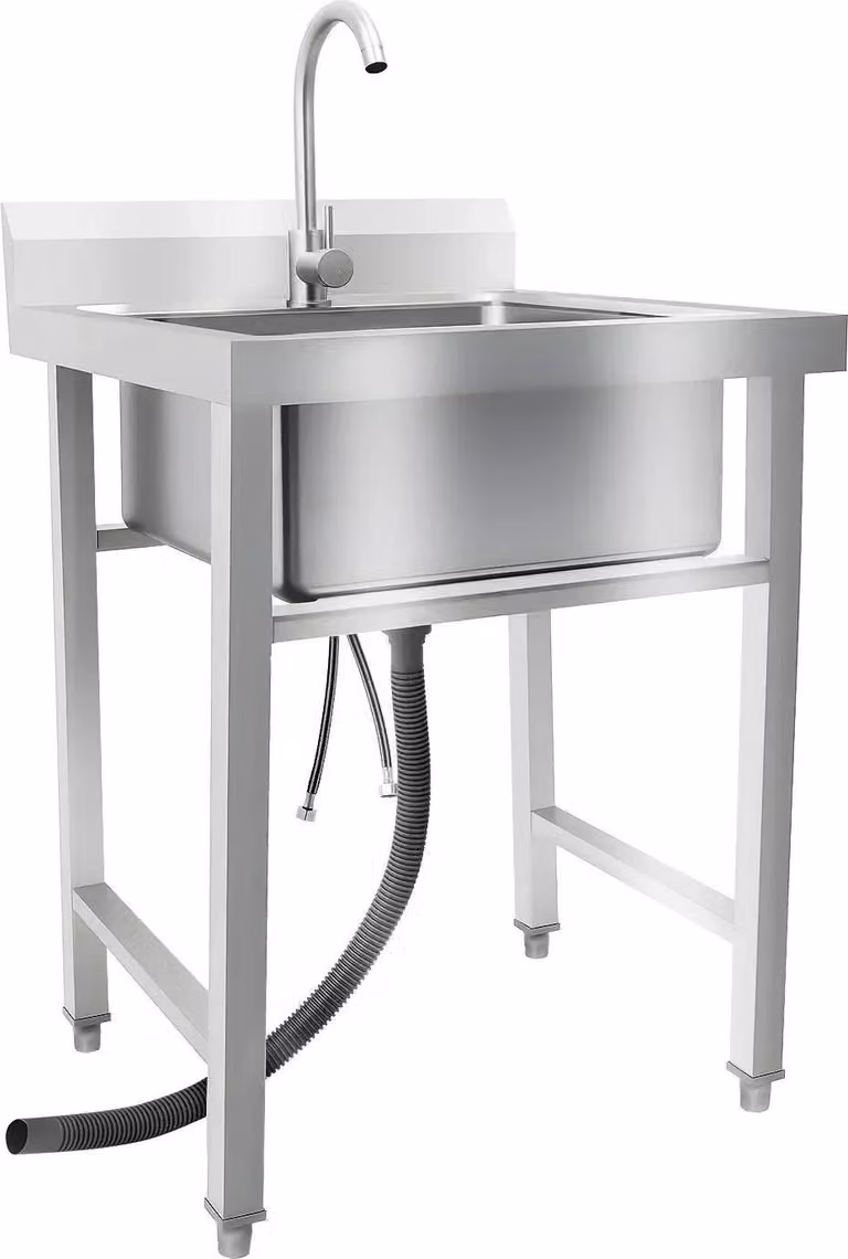 Lavello da cucina a libera installazione - Vasca singola in acciaio inossidabile - Miscelatore per acqua calda e fredda - 93 x 60 x 60 cm - Argento