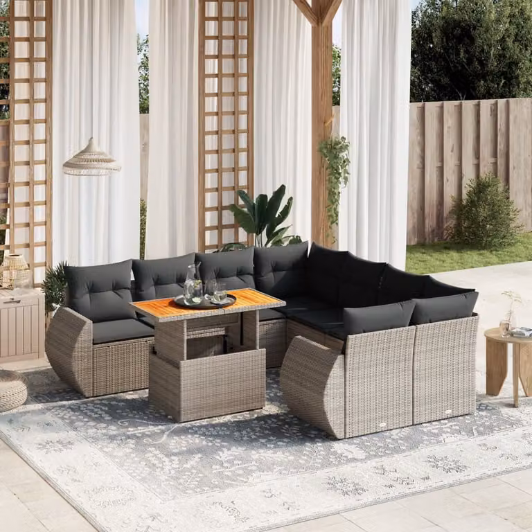 vidaXL Set Divano da Giardino a L 9 pz in Polyrattan Grigio con Cuscini e Tavolino