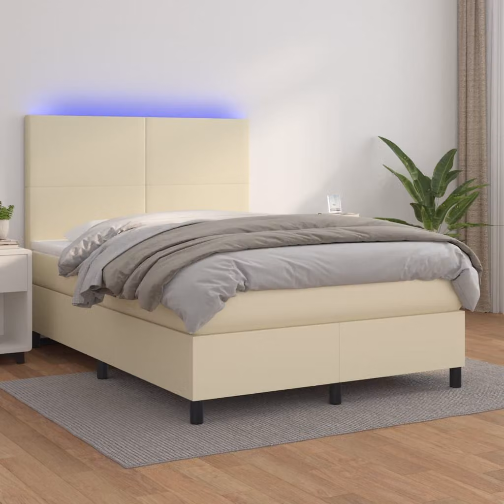 Maison Exclusive - Letto boxspring con materasso e illuminazione a LED color crema, 140x190 cm, in ecopelle
