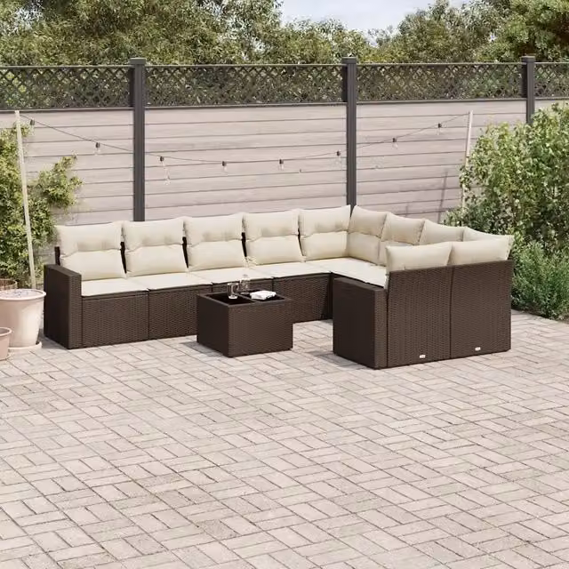 Set Divani da Giardino 10pz con Cuscini in Polyrattan Marrone 3219443