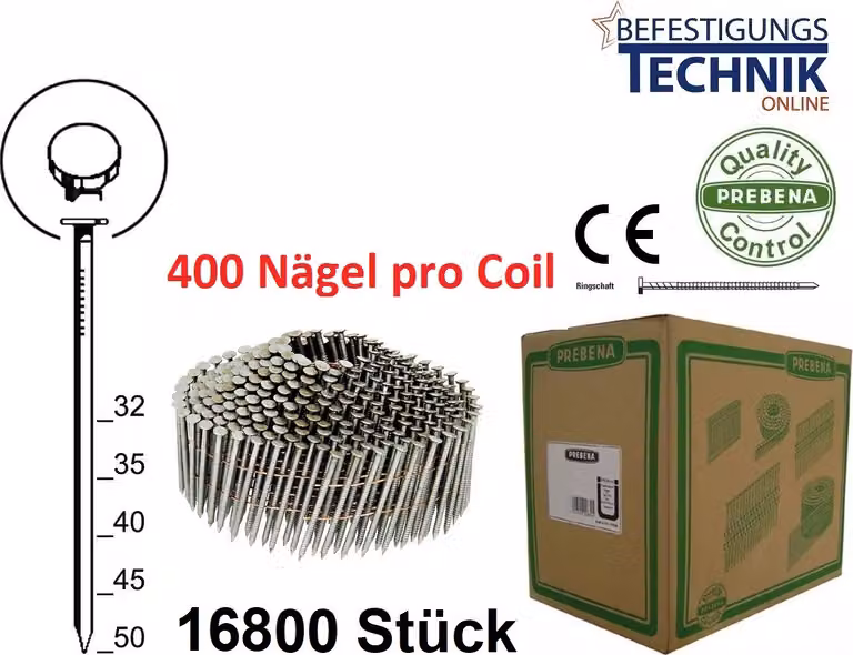 Chiodi a spirale conici da 2,2 x 35 mm, grezzi, a spirale da 16°, per chiodatrice a spirale Prebena 3GP-CNW50 MAX CN452S 16,8 m P