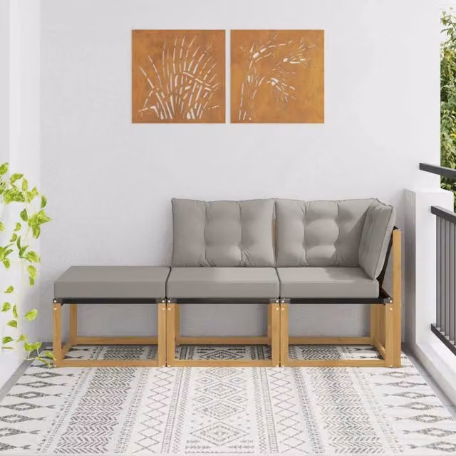Set di divano componibile da esterno vidaXL a forma di L con pouf, struttura in legno di acacia e sedute in tessuto bianco e grigio
