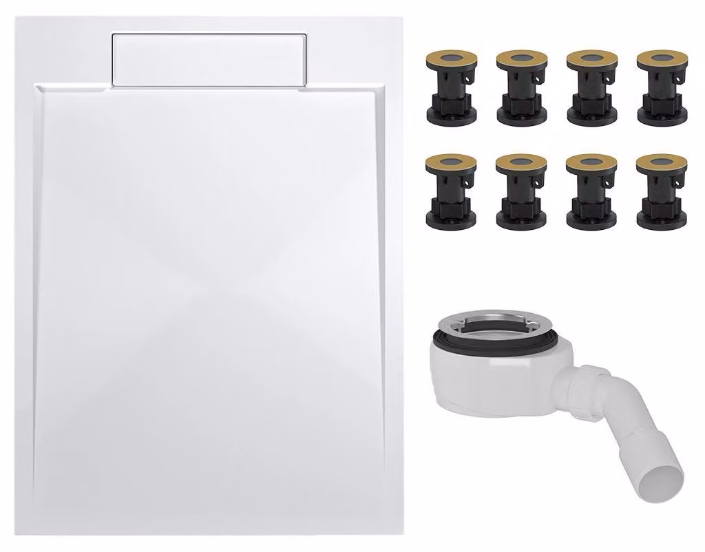 CERANO - Set doccia con piatto rettangolare Loro - marmo colato - bianco opaco - 120x90 cm + piedini + sifone per piatto doccia
