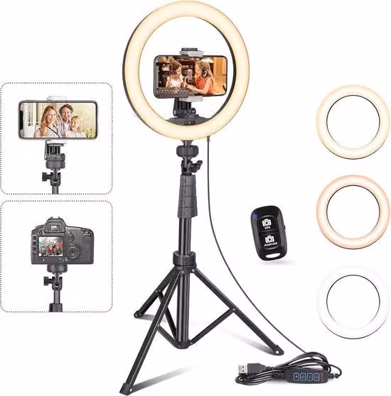 Ring Led da 25,4 cm con Tripode, Specchio e Telecomando Bluetooth per Selfie, Streaming e Video, Colore Bianco e Nero