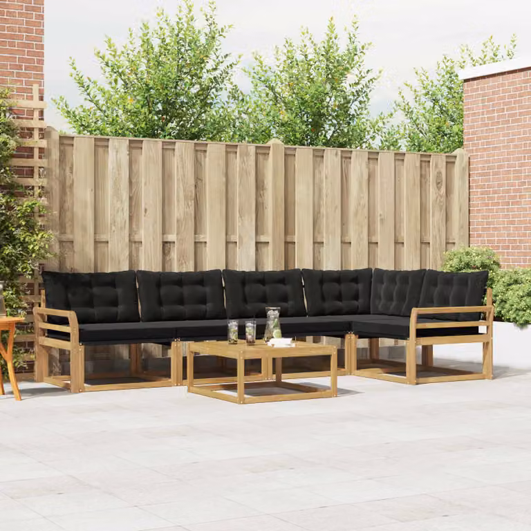 Set di divani da esterno vidaXL 6 pz in legno di acacia con tavolo da caffè e cuscini, composizione a L con sedute in textilene, Bianco, Nero e Marrone