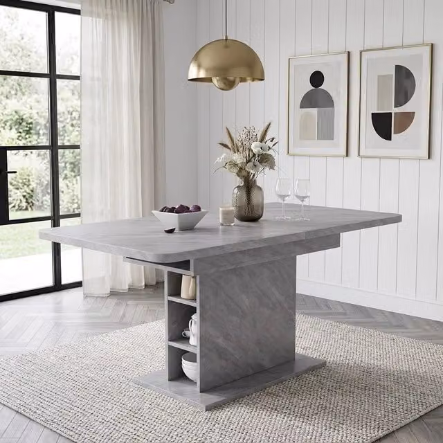 Tavolo da pranzo allungabile rettangolare con spazio di archiviazione, design moderno in ferro con finitura effetto cemento, multifunzionale e salvaspazio