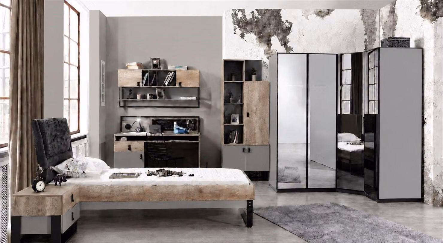 Set completo per camera da letto per ragazzi: letto, mobiletto angolare, scrivania, scaffali, colore marrone