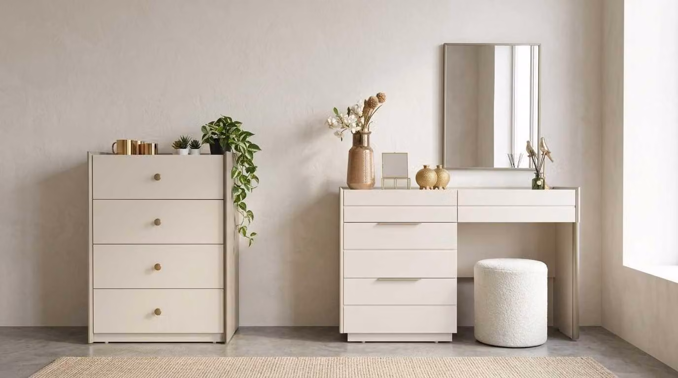 Set per tavolo da trucco beige, moderno, composto da: comò, specchio, sgabello