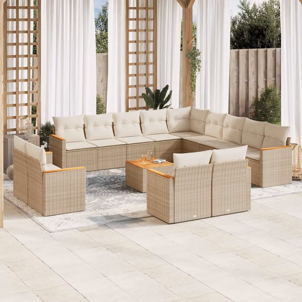 vidaXL Set Divano da Giardino a L con Cuscini Beige e Tavolino, Struttura in Acciaio e Legno di Acacia – 1