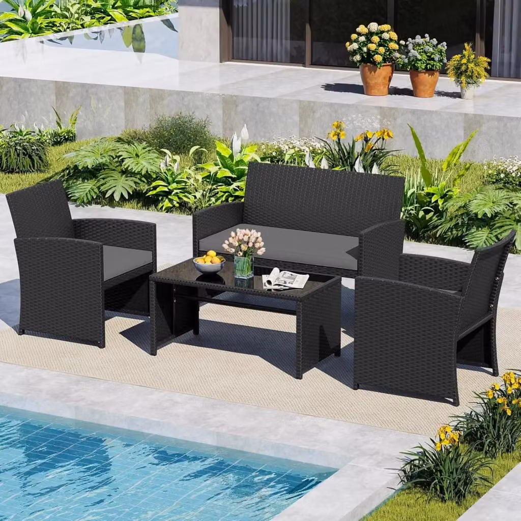 Set Salotto da Giardino 4 Pezzi Costway in Polyrattan con Divanetto, Poltrone Imbottite e Tavolino in Vetro Temperato, Grigio – 2