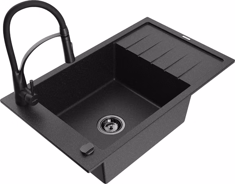 Mexen Elias lavello in granito 1 vasca con sgocciolatoio e rubinetto da cucina Aster, nero/argento metallizzato
