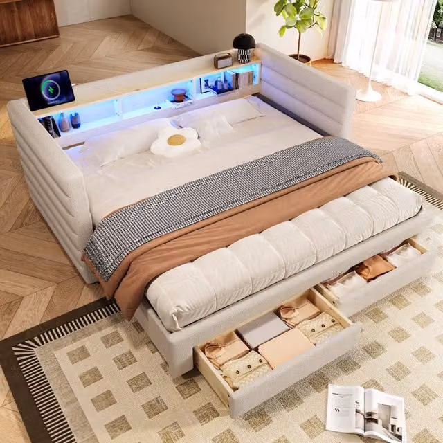 Divano letto estraibile 90 x 190 cm con due cassetti LED USB e tipo C; velluto e MDF; grigio
