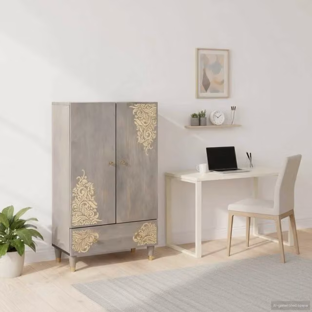 Credenza Buffet Armadio da Cucina vidaXL in Legno di Mango Massello Grigio e Oro L: 60 cm, P: 33 cm, H: 100 cm