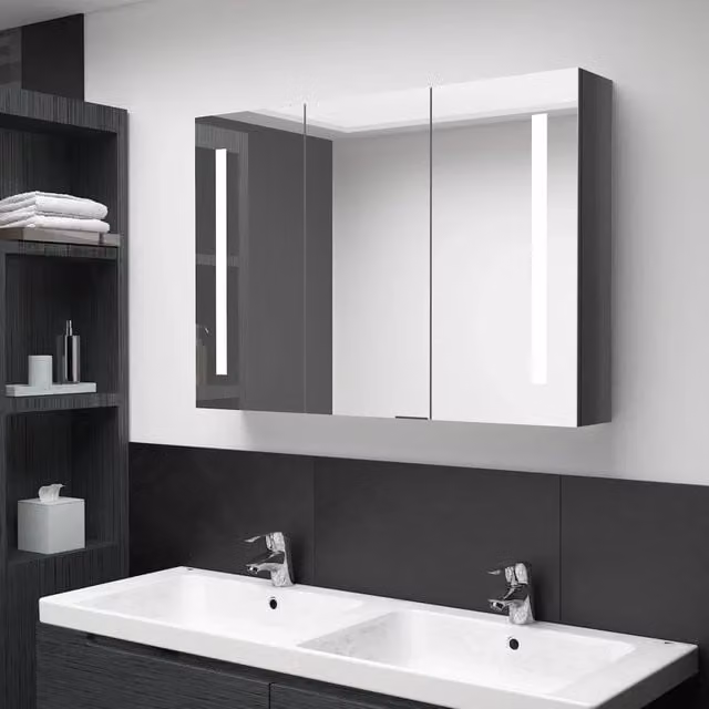 Armadietto da bagno Design Mania con specchio e illuminazione LED, Grigio Lucido, L: 89 cm, P: 14 cm, H: 62 cm – 1
