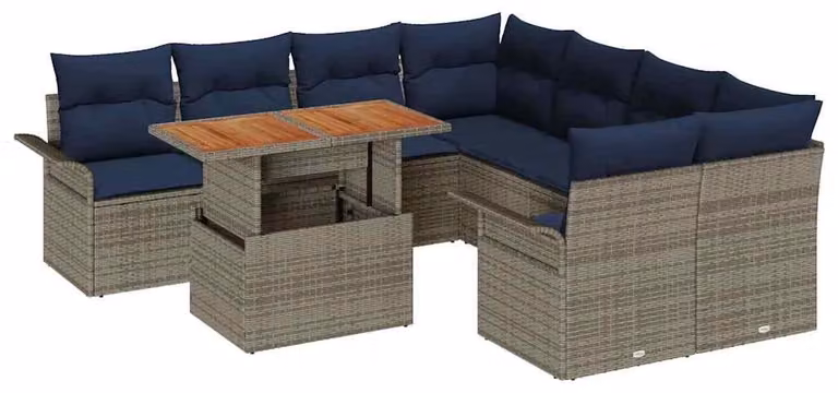 Set Divano da Giardino 9 pcs Grigio Poly Rattan