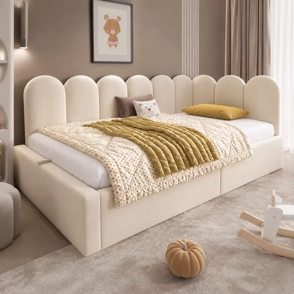 Letto contenitore Mivray in velluto beige con base a sollevamento idraulico L/P/H: 190 x 90 x 97 cm – 2