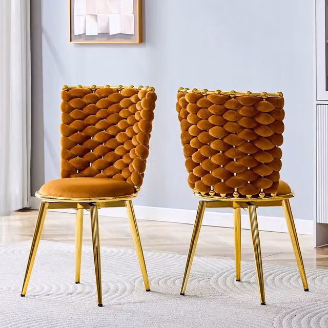 Set di 2 sedie da pranzo Minimal arancioni in velluto con gambe in metallo oro e schienale in corda intrecciata per sala da pranzo e soggiorno – 1