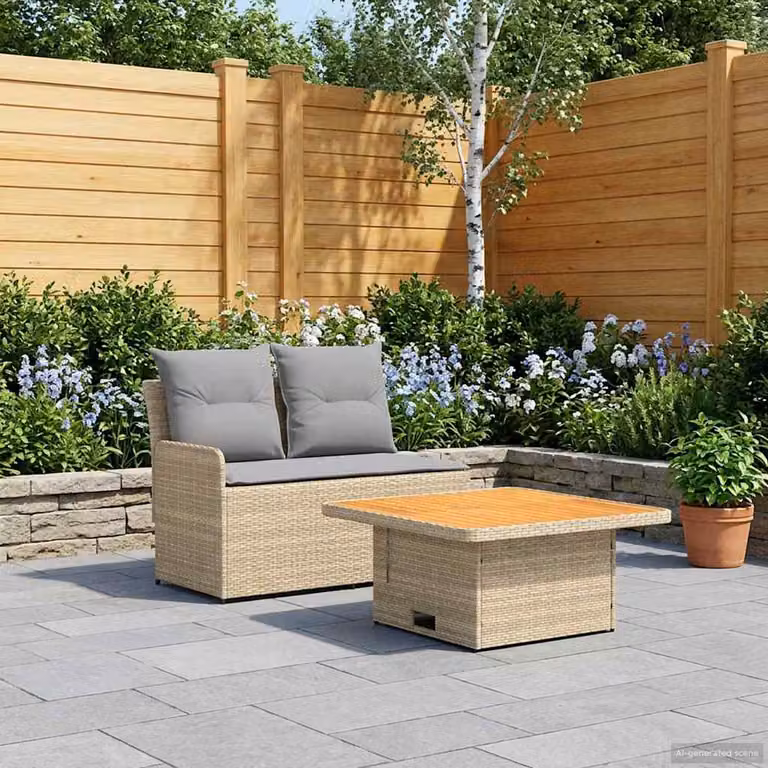 Set da giardino vidaXL in polyrattan composto da divano angolare a 2 posti e tavolino da esterno beige e grigio con cuscini inclusi e coperture rimovibili