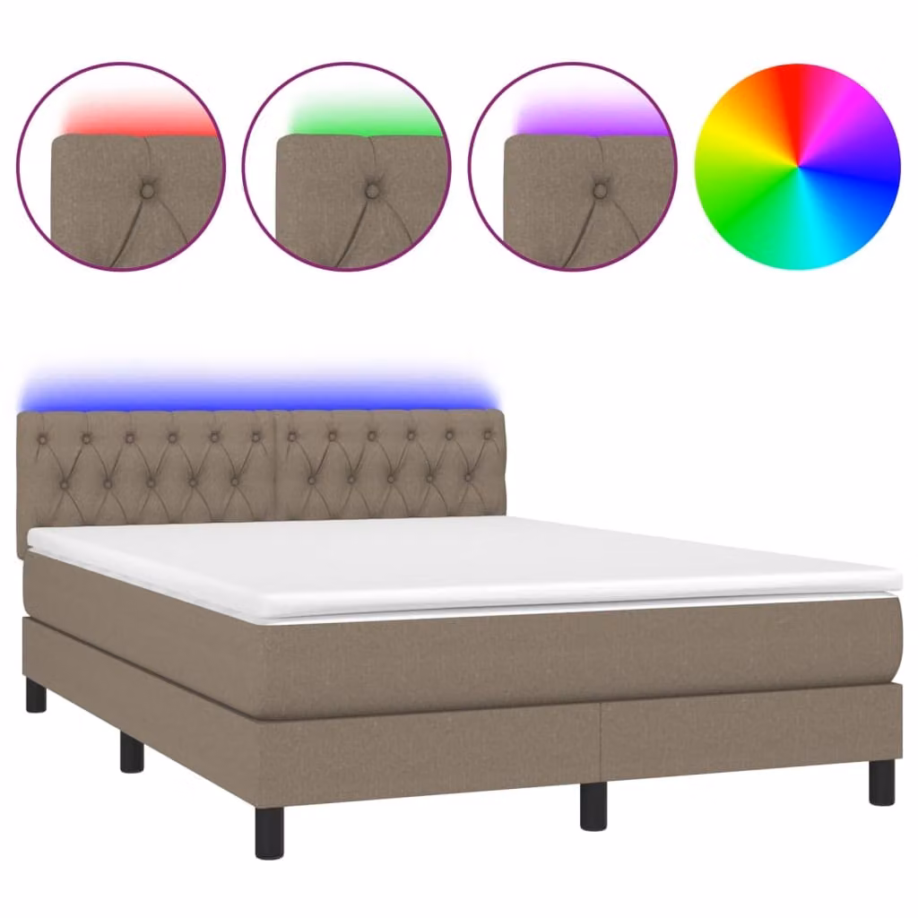 Letto a Molle con Materasso e LED Tortora 140x200 cm in Tessuto