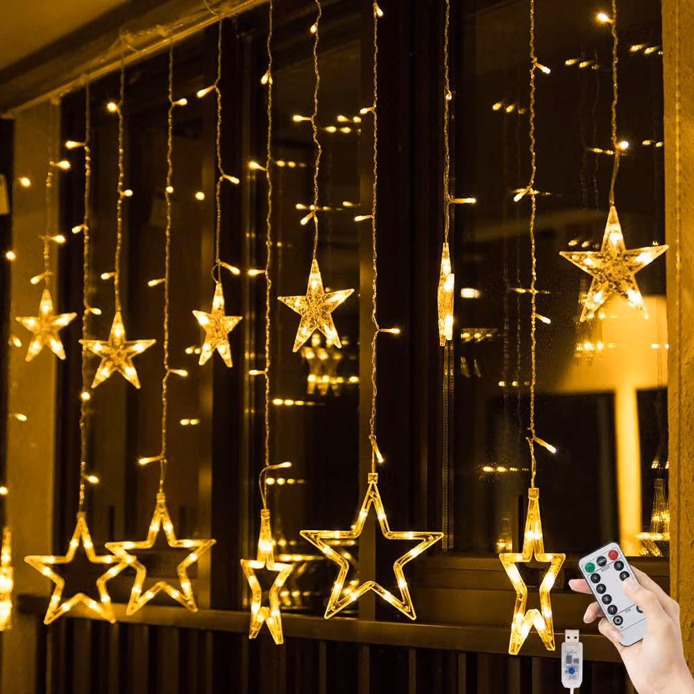 Catena luminosa a LED con 12 stelle, lunghezza 2x1 metro, 8 modalità, con telecomando e alimentazione USB
