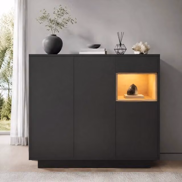 Mobile portascarpe moderno con illuminazione integrata e ante soft close, disponibile in nero o marrone, L: 100.5 cm, P: 39.5 cm, H: 105.0 cm